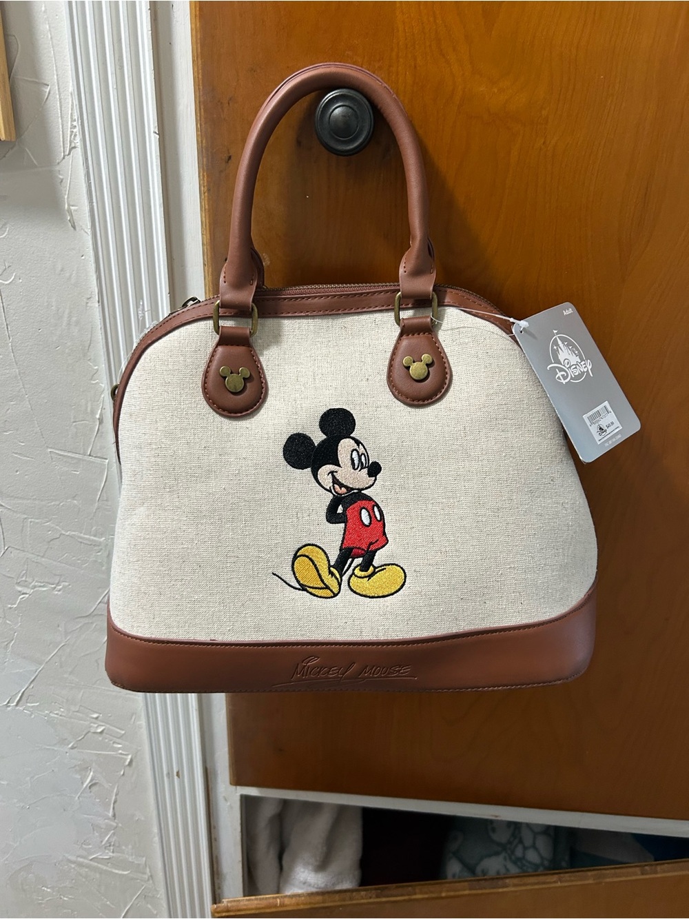 Signature Mickey Mouse Canvas Tote with Embroidered Character and Brown Trim